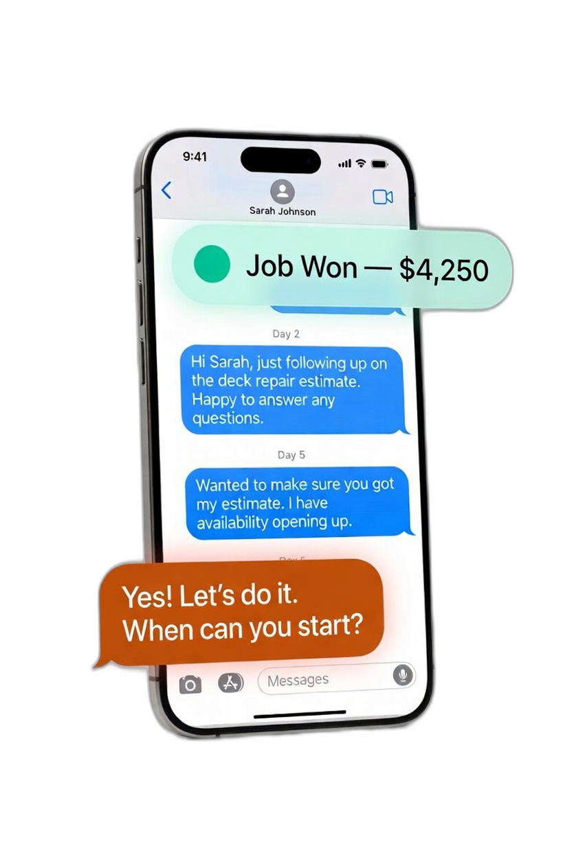 iPhone showing automated follow-up text messages to a client